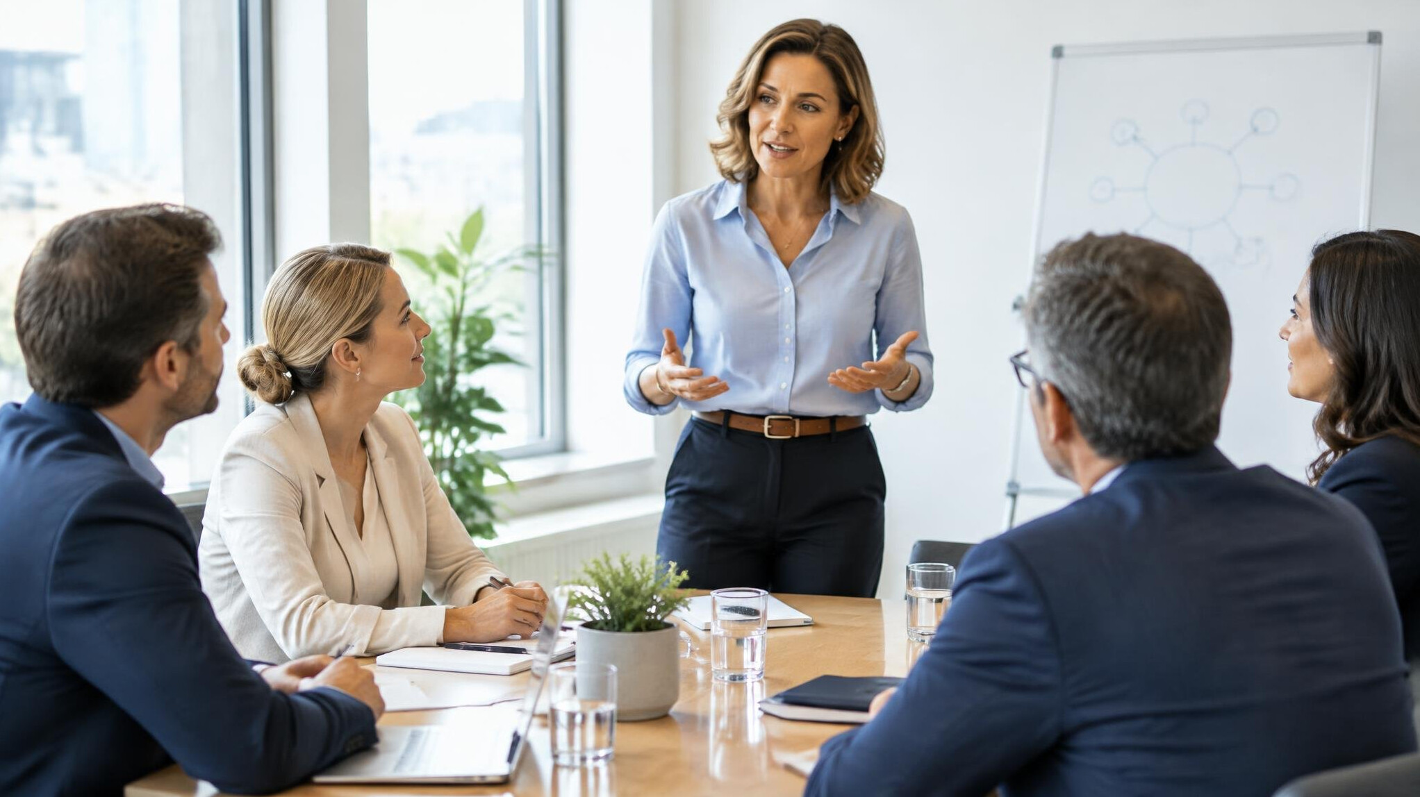 Facilitator guiding a leadership session in a meeting room