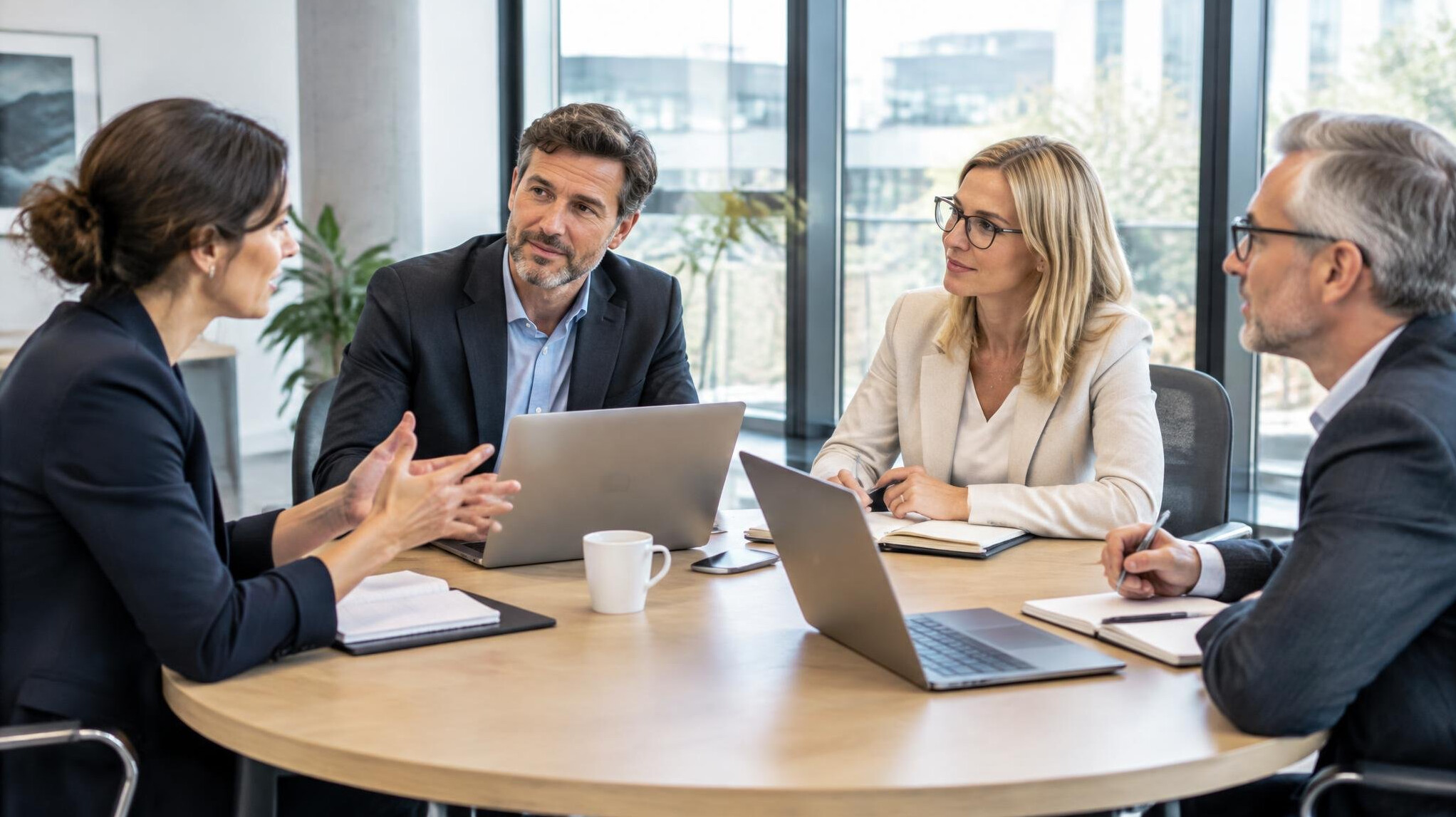 Leadership team discussing around a table with laptops
